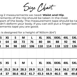 May include: A size chart with measurements in centimeters and inches for waist and hip. The chart includes sizes from XXS to 7XL, with corresponding measurements in inches and centimeters. The text explains how to measure waist and hip.