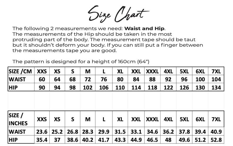 May include: A size chart with measurements in centimeters and inches for waist and hip. The chart includes sizes from XXS to 7XL, with corresponding measurements in inches and centimeters. The text explains how to measure waist and hip.