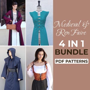 May include: A digital bundle of four sewing patterns for garments, featuring a burgundy dress with black trim, a teal tunic, a dark blue hooded robe, and a red and gold corset. The text reads: Medieval & Ren Faire 4 IN 1 BUNDLE PDF PATTERNS.