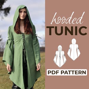 Padrão de costura para túnica com capuz | Padrão de traje medieval Larp | Padrão + instruções ilustradas detalhadas | XXS - 7XL | A0, A4 e Carta EUA