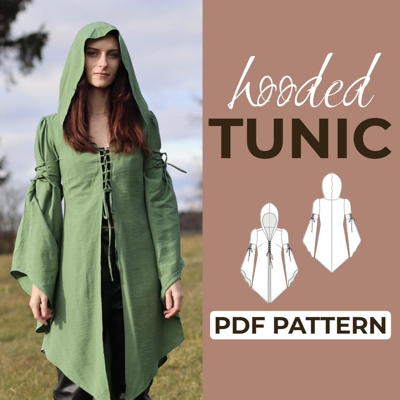Może przedstawiać: Długa, oliwkowozielona tunika z kapturem, rozkloszowanymi rękawami i wiązaniem z przodu. Tunika jest noszona przez osobę na zewnątrz. Obraz zawiera tekst "hooded TUNIC" i "PDF PATTERN".