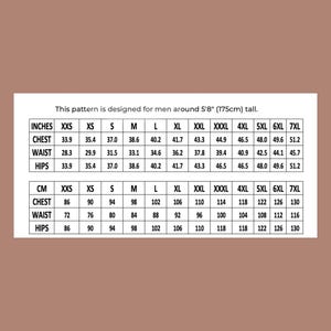 May include: A size chart for a clothing pattern, with measurements in inches and centimeters. The chart includes chest, waist, and hip measurements for sizes XXS to 7XL. The text states the pattern is designed for people around 5'8" (175cm) tall.