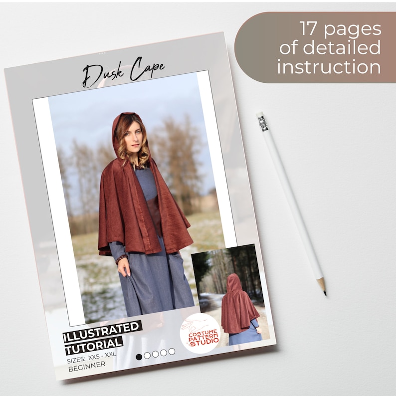 May include: Illustrated sewing tutorial for a hooded cape called "Dusk Cape". The tutorial includes 17 pages of instructions and is for sizes XXS-XXL. The image shows a woman wearing the finished cape in a forest setting.