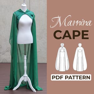 Puede incluir: Una capa verde con capucha y mangas largas y fluidas se muestra en un maniquí blanco. La capa está hecha de una tela transparente. La imagen también incluye el texto "Marnina CAPE PDF PATTERN".