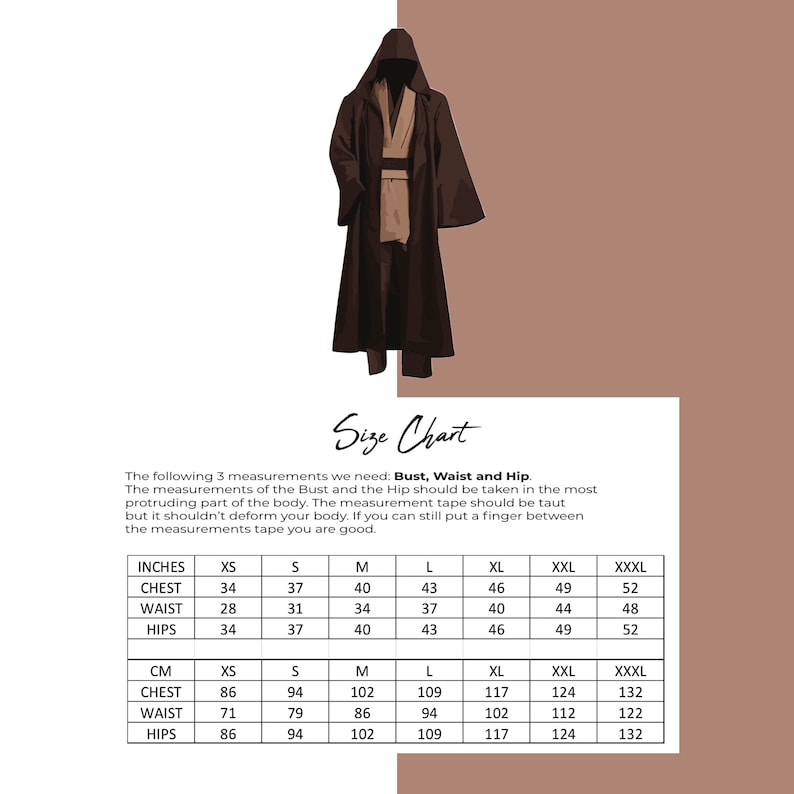 May include: Size chart for clothing with measurements in inches and centimeters. The chart includes sizes XS, S, M, L, XL, XXL, and XXXL. Measurements are provided for chest, waist, and hips.