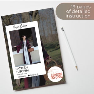 May include: A digital download pattern tutorial for a vampire costume. The cover features a woman wearing a burgundy and white dress with a basket in her hand. The text on the cover reads "Vampire Costume" and "Pattern Tutorial".