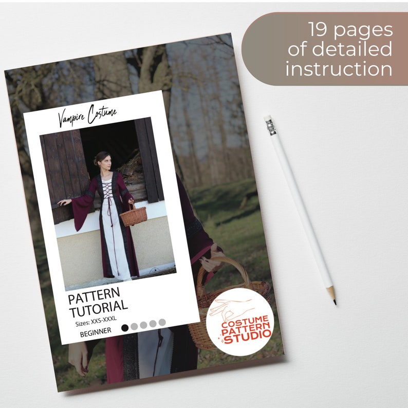 May include: A digital download pattern tutorial for a vampire costume. The cover features a woman wearing a burgundy and white dress with a basket in her hand. The text on the cover reads "Vampire Costume" and "Pattern Tutorial".
