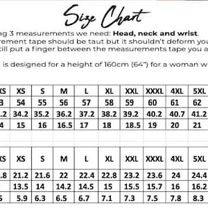 May include: Size chart with measurements in centimeters and inches for head, neck, and wrist. Includes sizes from XXS to 7XL. The chart provides measurements in inches for head, neck, and wrist, ranging from 20.8 to 25.2 inches for the head.