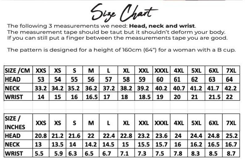May include: Size chart with measurements in centimeters and inches for head, neck, and wrist. Includes sizes from XXS to 7XL. The chart provides measurements in inches for head, neck, and wrist, ranging from 20.8 to 25.2 inches for the head.