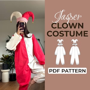 May include: A Jasper clown costume PDF pattern featuring a two-toned red and white jumpsuit with long sleeves and a matching jester hat with two points and gold bells. The graphic includes line drawings of the outfit and the text Jasper CLOWN COSTUME.