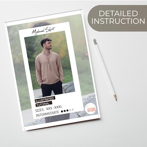 May include: A white paper with the text "Medieval Shirt" and an image of a tan shirt with black pants. The paper also says "Illustrated Tutorial" and "Sizes: XXS - XXXL". A white pencil is next to the paper.