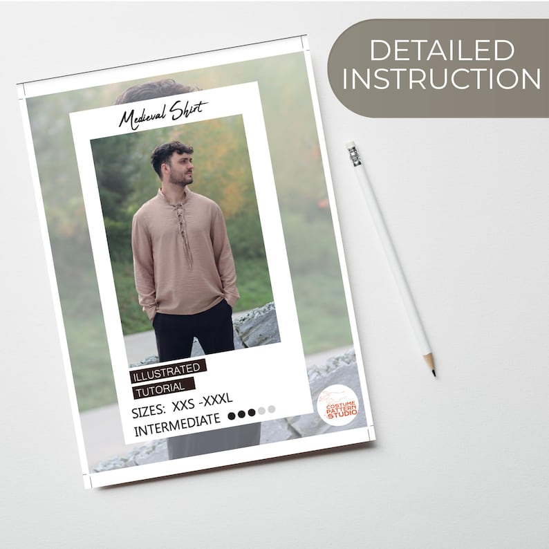 May include: A white paper with the text "Medieval Shirt" and an image of a tan shirt with black pants. The paper also says "Illustrated Tutorial" and "Sizes: XXS - XXXL". A white pencil is next to the paper.
