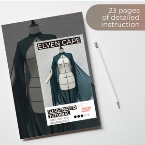 May include: A digital download of an illustrated tutorial for sewing an elven cape. The tutorial includes 23 pages of detailed instructions and is for sizes XXS-XXXL. The tutorial is labelled as intermediate difficulty.