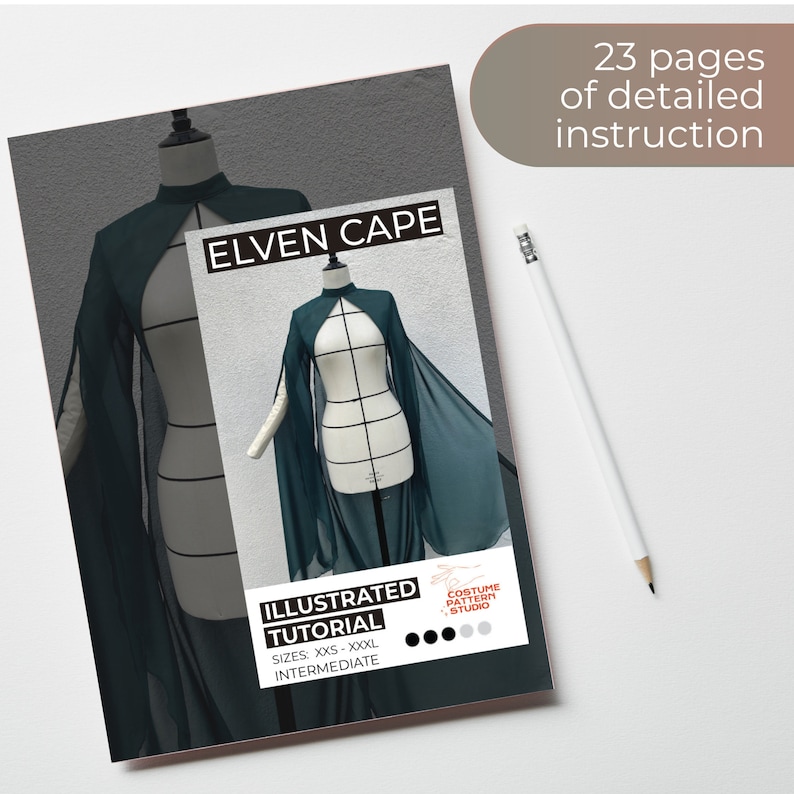 May include: A digital download of an illustrated tutorial for sewing an elven cape. The tutorial includes 23 pages of detailed instructions and is for sizes XXS-XXXL. The tutorial is labelled as intermediate difficulty.