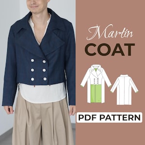 Puede incluir: Un abrigo azul marino de doble botonadura con botones blancos se lleva sobre una camisa blanca y pantalones beiges. La imagen incluye un diagrama del abrigo y el texto "Martin COAT PDF PATTERN".