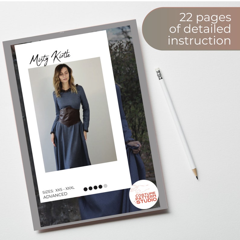 May include: A digital download pattern for a long, blue dress with a brown leather belt. The pattern is called "Misty Kirtte" and is for sizes XXS-XXXL. The pattern is labeled as "Advanced". The pattern is from Costume Pattern Studio.