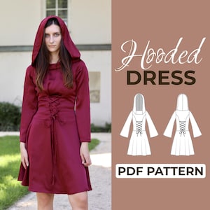 Puede incluir: Vestido con capucha burdeos con mangas largas y corpiño estilo corsé. El vestido presenta una falda acampanada y una capucha. La imagen también incluye una ilustración de patrón y el texto "Hooded DRESS" y "PDF PATTERN".