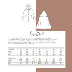 May include: Size chart for a garment with measurements in inches and centimeters. The chart includes sizes XXS to XXL and measurements for bust, waist, and hip.