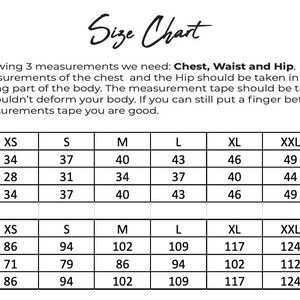 May include: Size chart for clothing in inches and centimeters. The chart shows measurements for chest, waist, and hips in sizes XS, S, M, L, XL, XXL, and XXXL.