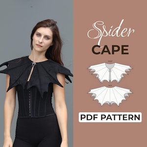 Puede incluir: Una capa negra de araña con un dobladillo dentado y un cierre plateado en el cuello. La imagen incluye el texto Spider CAPE y PDF PATTERN, junto con dos dibujos de líneas blancas que muestran las vistas frontal y trasera de la capa.