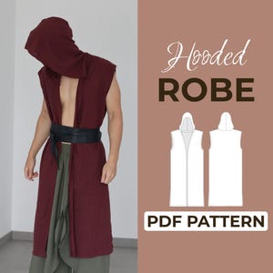 May include: A burgundy hooded robe with a black belt and olive green pants. The image includes the text "Hooded ROBE PDF PATTERN" in a brown and white design. The robe is sleeveless and open in the front.