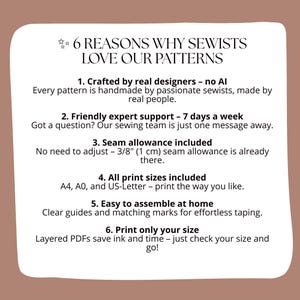 May include: A tan and white graphic with the text "6 REASONS WHY SEWISTS LOVE OUR PATTERNS". The text lists reasons such as "Crafted by real designers", "Friendly expert support", and "Seam allowance included".