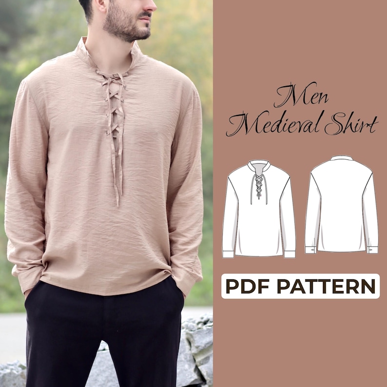 May include: A tan-colored medieval shirt with a lace-up neckline. The long-sleeved shirt is shown on a person and also as a pattern illustration. Text on the image reads "Men Medieval Shirt" and "PDF PATTERN".