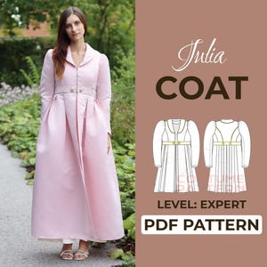 Könnte beinhalten: Ein hellrosa Mantel mit langem, fließendem Design, mit einem Gürtel in der Taille und einem Kragen. Das Bild enthält eine Musterillustration und den Text "Julia COAT" und "PDF PATTERN".