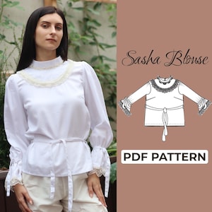 Patrón de costura de blusa victoriana / Blusa de manga larga / Patrón + instrucciones ilustradas detalladas / XXS - XXXL / A0, A4 y carta de EE. UU.