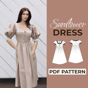Peut inclure: Une robe beige avec un col carré, des manches bouffantes et une garniture en dentelle blanche. La robe a un devant boutonné et une jupe ample. L'image comprend également un graphique qui dit "Sunflower DRESS" et "PDF PATTERN".
