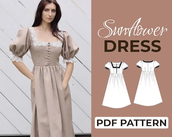 May include: A tan dress with a square neckline, puff sleeves, and white lace trim. The dress has a button-down front and a full skirt. The image also includes a graphic that says "Sunflower DRESS" and "PDF PATTERN".