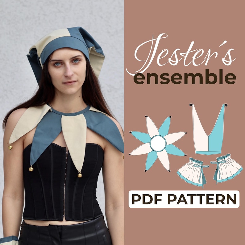 May include: A jester's ensemble, including a hat and collar with blue and cream-colored accents, and gold bells. The image also shows a black corset and the text "Jester's ensemble" and "PDF PATTERN".