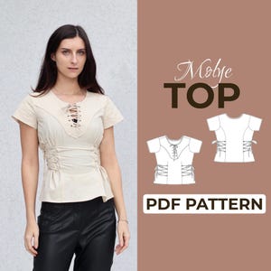 Patrón de costura para blusa con lazo / Patrón de blusa bohemia / Blusa peplum / Patrón + instrucciones ilustradas detalladas / XXS - 7XL / A0, A4 y carta estadounidense