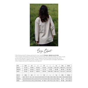 May include: Size chart for clothing with measurements in inches and centimeters. The chart includes bust, waist, and hip measurements for sizes XXS to XXXL.