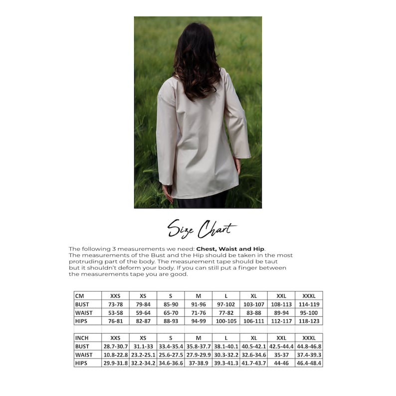 May include: Size chart for clothing with measurements in inches and centimeters. The chart includes bust, waist, and hip measurements for sizes XXS to XXXL.