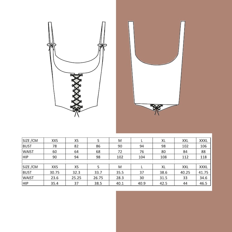 Pu&ograve; includere: Una tabella di taglie per un top a corsetto con misure in pollici e centimetri. La tabella mostra le misure di busto, vita e fianchi per le taglie XXS a XXXL.