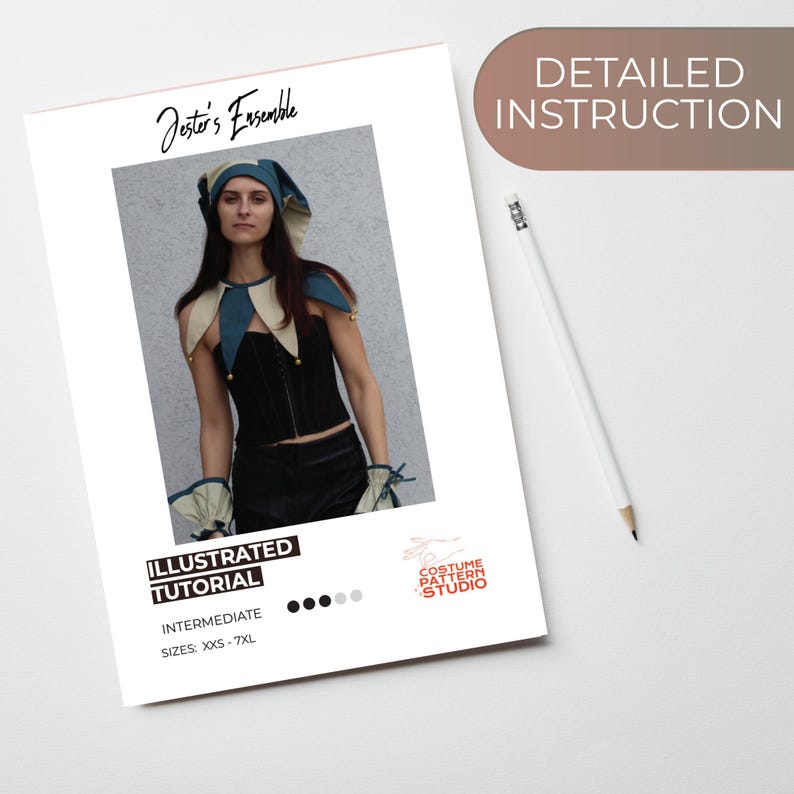 May include: A pattern for a Jester's Ensemble costume. The illustrated tutorial includes detailed instructions and is for intermediate skill levels. The pattern includes sizes XXS-7XL. The image shows a woman wearing the costume, which includes a hat, collar, corset, and gloves.