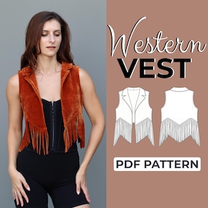 May include: A rust-colored sleeveless vest with a notched collar and fringe trim along the hem. The image includes a technical line drawing of the vest from the front and back, labeled with the text Western VEST PDF PATTERN.