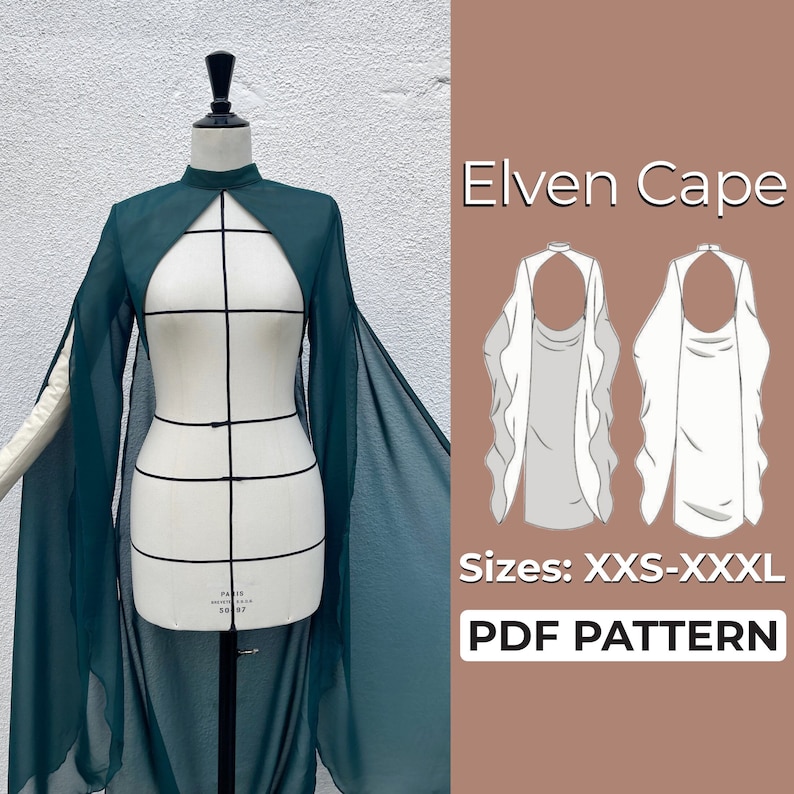 May include: A green elven cape sewing pattern with a keyhole neckline and long sleeves. The pattern is available in sizes XXS-XXXL and is a PDF download.