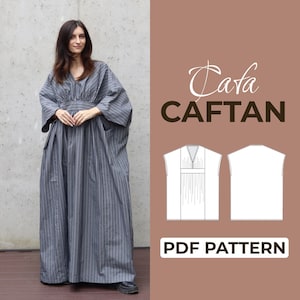 May include: A woman wearing a gray and white striped caftan dress. The dress has a V-neck and wide sleeves. The image also includes a diagram of the caftan pattern and the text "Caftan" and "PDF Pattern".