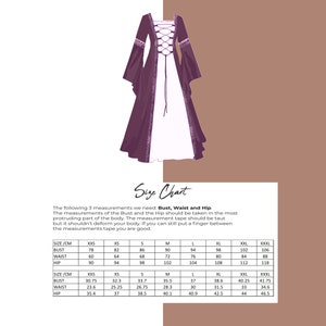 May include: Size chart for a purple and white medieval style dress with long sleeves and a lace-up bodice. The chart shows measurements in inches for bust, waist, and hip in sizes XXS to XXXL.