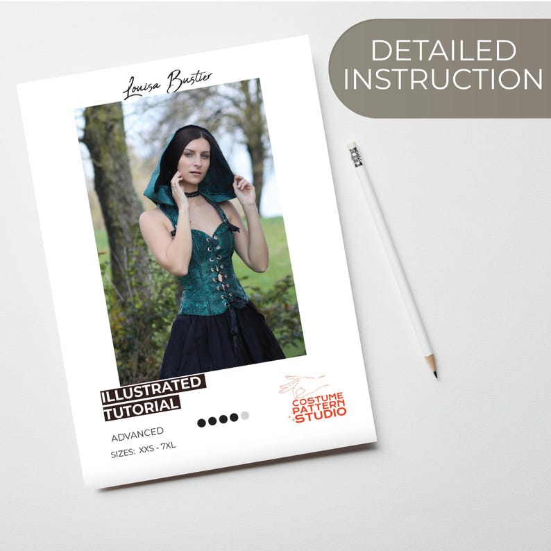 May include: A sewing pattern for a green hooded corset with black skirt. The pattern is titled "Louisa Bustier" and is an illustrated tutorial for an advanced project. The pattern is available in sizes XXS-7XL and is from Costume Pattern Studio.