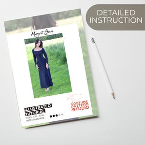 May include: A sewing pattern for a long, dark blue dress called the "Margret Gown". The pattern includes an illustrated tutorial and is for sizes XXS-XXXL. The pattern is labeled as "intermediate" difficulty. The pattern is from "Costume Pattern Studio".