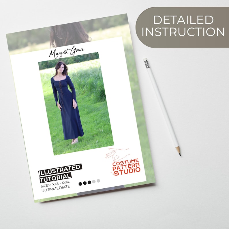 May include: A sewing pattern for a long, dark blue dress called the "Margret Gown". The pattern includes an illustrated tutorial and is for sizes XXS-XXXL. The pattern is labeled as "intermediate" difficulty. The pattern is from "Costume Pattern Studio".