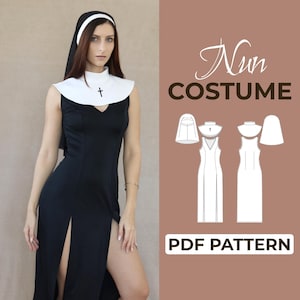 May include: A black sleeveless dress with a high slit, white collar with a cross, and a black head covering. The image includes the text "Nun COSTUME" and "PDF PATTERN".