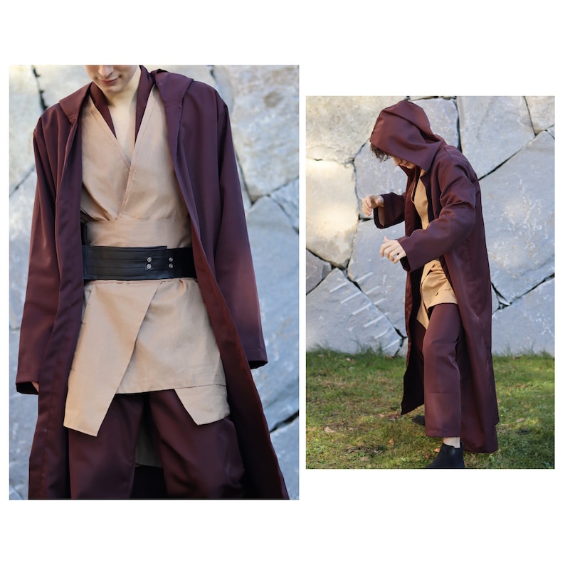 May include: A person wearing a brown and burgundy robe with a brown belt. The robe has a hood and is cinched at the waist. The person is standing in front of a stone wall.