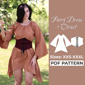 Patrón de costura de vestido de hada + corsé debajo del busto + instrucciones ilustradas detalladas, vestido de fantasía medieval, tallas XXS a XXXL, A0, A4 y carta de EE. UU.