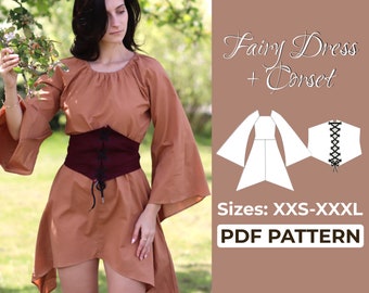 Patrón de costura para vestido de hada + corsé bajo el busto + instrucciones ilustradas detalladas, vestido de fantasía medieval, tallas XXS-XXXL, A0, A4 y tamaño carta de EE. UU.
