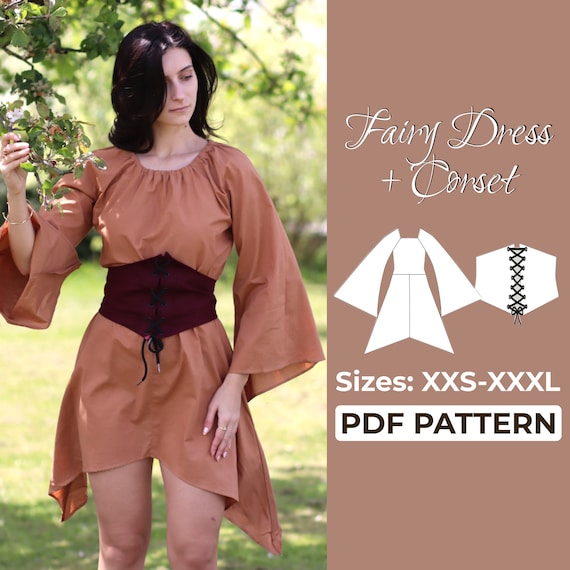 Fairy Dress + Underbust Corset Sewing Pattern + Detailed Illustration Instruction, Medieval Fantasy Dress, XXS - XXXL, A0, A4 & US-Letter