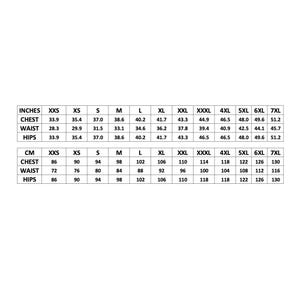 May include: A size chart with measurements in inches and centimeters. The chart includes chest, waist, and hip measurements for sizes XXS to 7XL. The inch measurements range from 33.9 to 51.2 inches for the chest.
